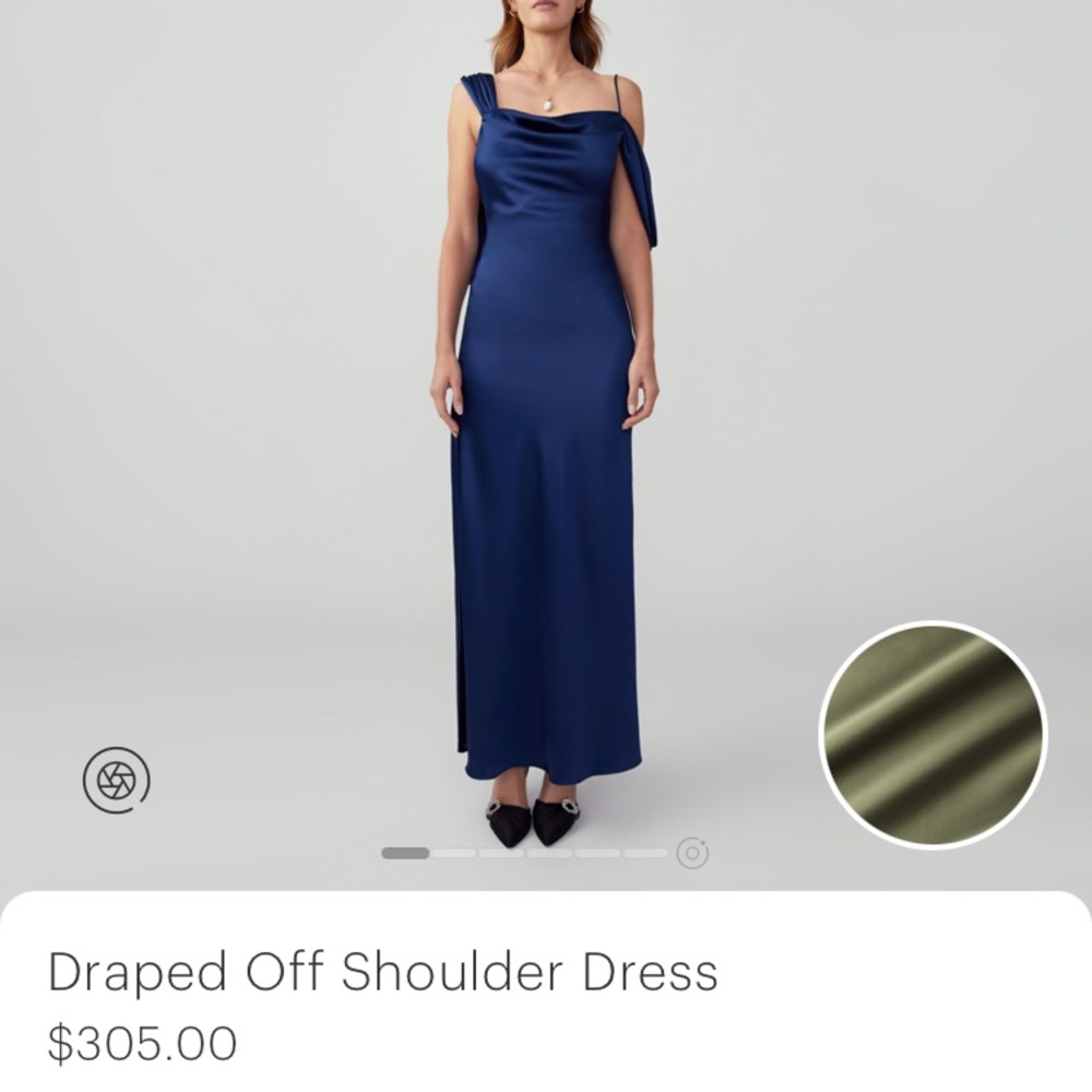 Fame and partners draped off shoulder dress in green